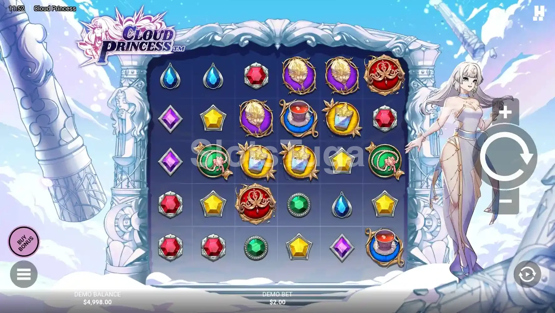 Jogo base da Cloud Princess com grade de 6x5 e símbolos temáticos de anime