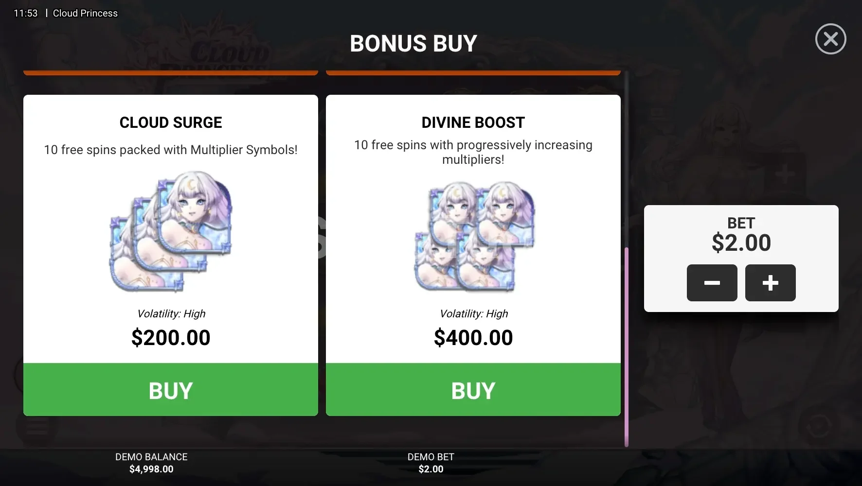Tela de compra de bônus da Cloud Princess com as quatro opções disponíveis