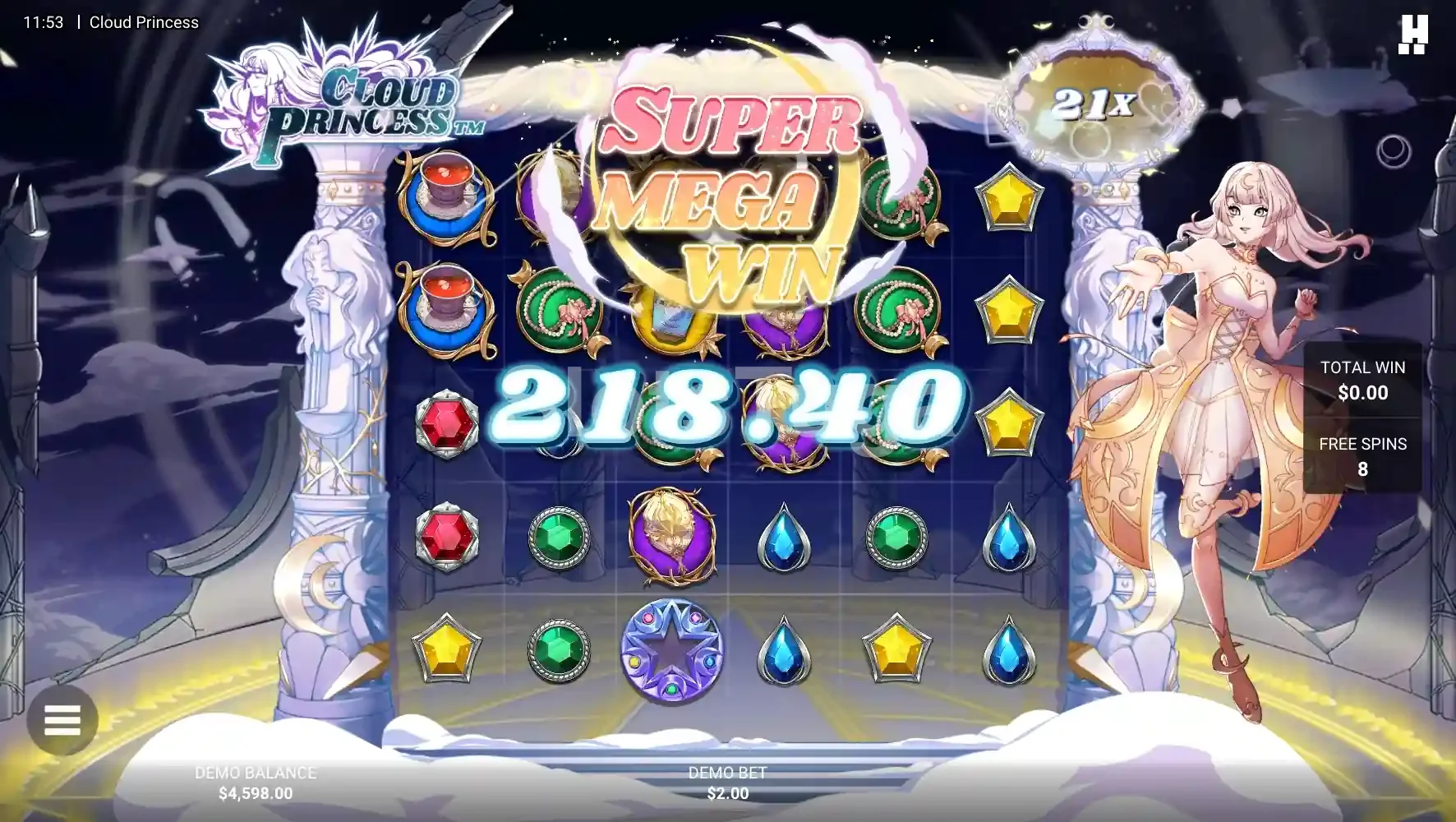 Big win na Cloud Princess com multiplicador alto ativado durante as rodadas grátis