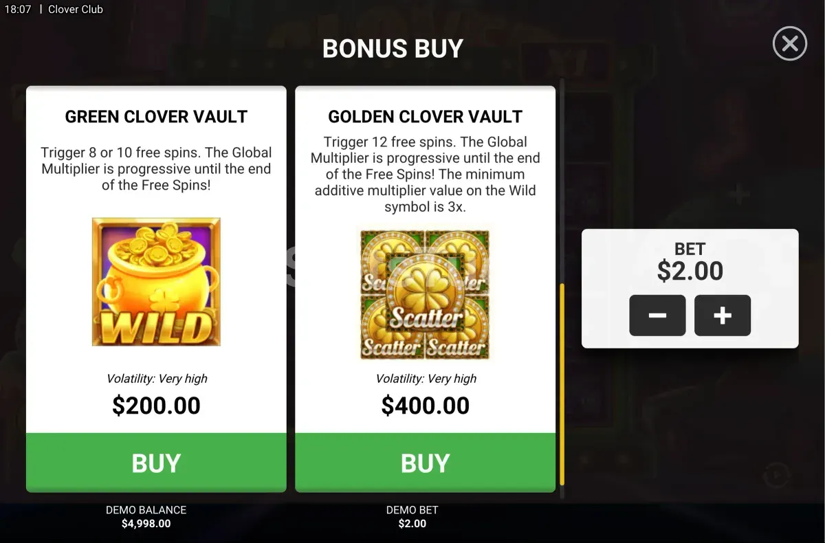 Tela de compra de bônus da Clover Club com as opções disponíveis