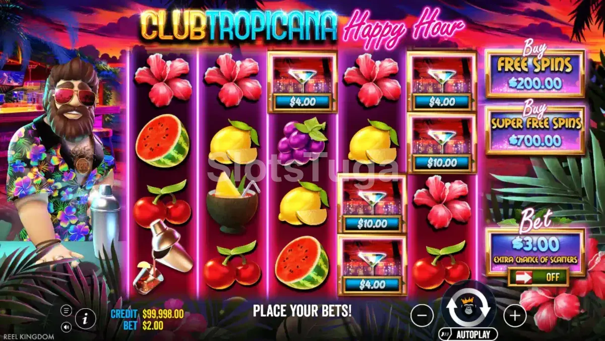Jogo base da Club Tropicana Happy Hour com tema de bar tropical