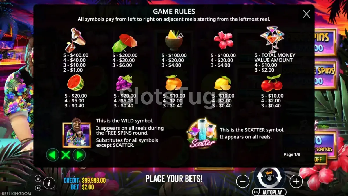 Tabela de pagamentos da Club Tropicana Happy Hour com símbolos e valores