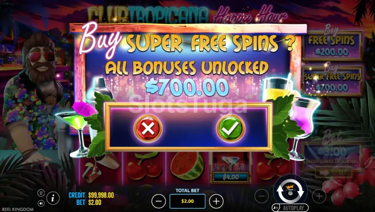 Opção de compra de bônus na Club Tropicana Happy Hour