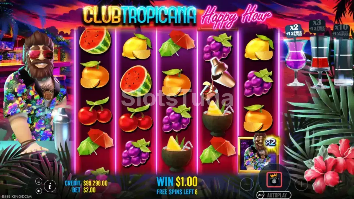 Rodadas grátis da Club Tropicana Happy Hour com bartender coletando símbolos