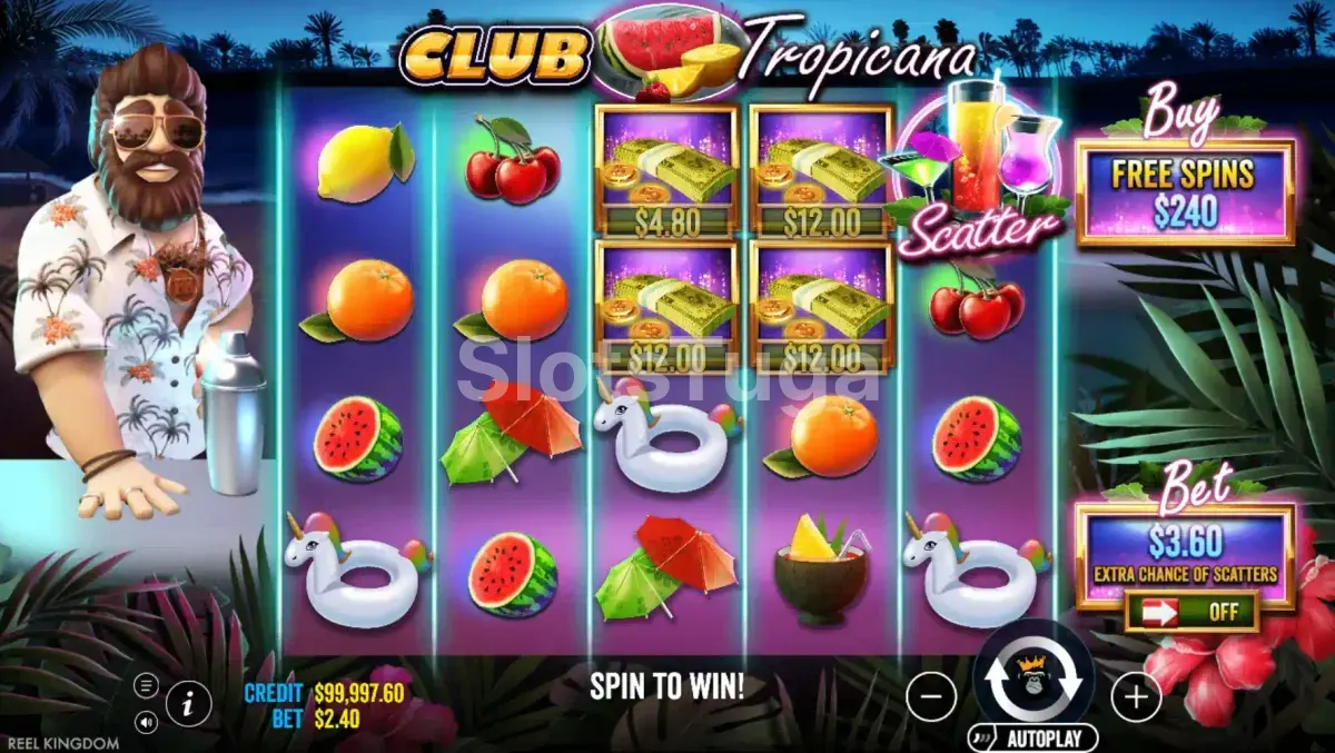 Tela principal do Club Tropicana com rolos e símbolos tropicais