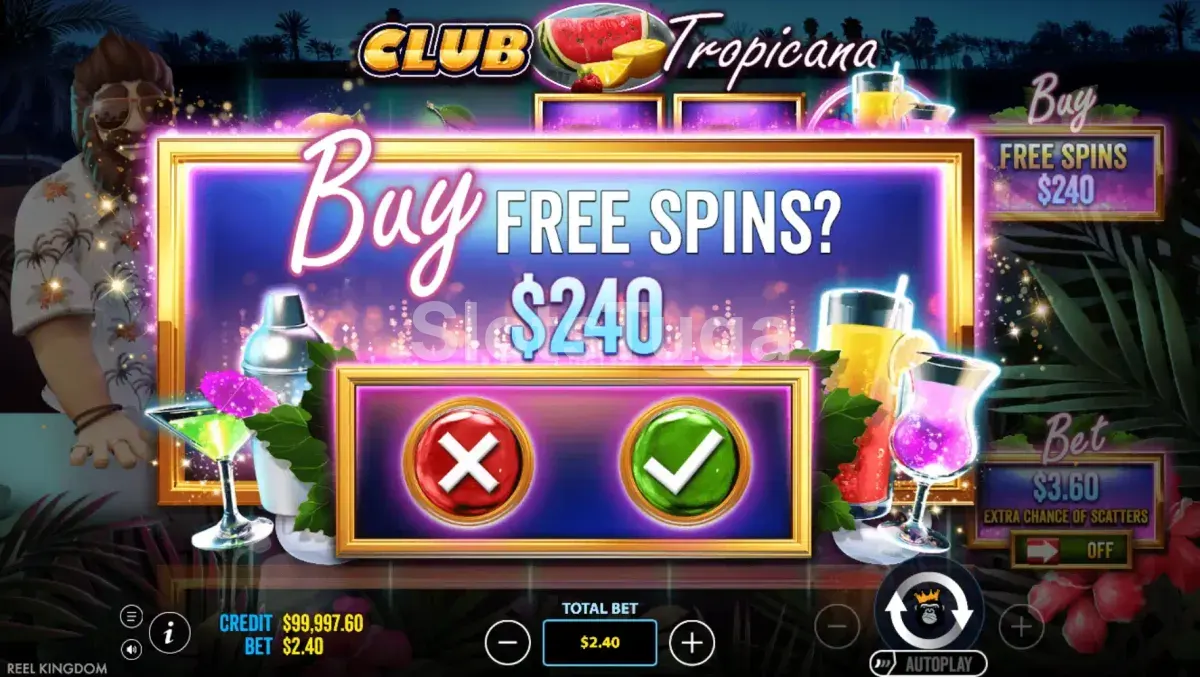 Interface de compra de bônus do Club Tropicana com opções de valor