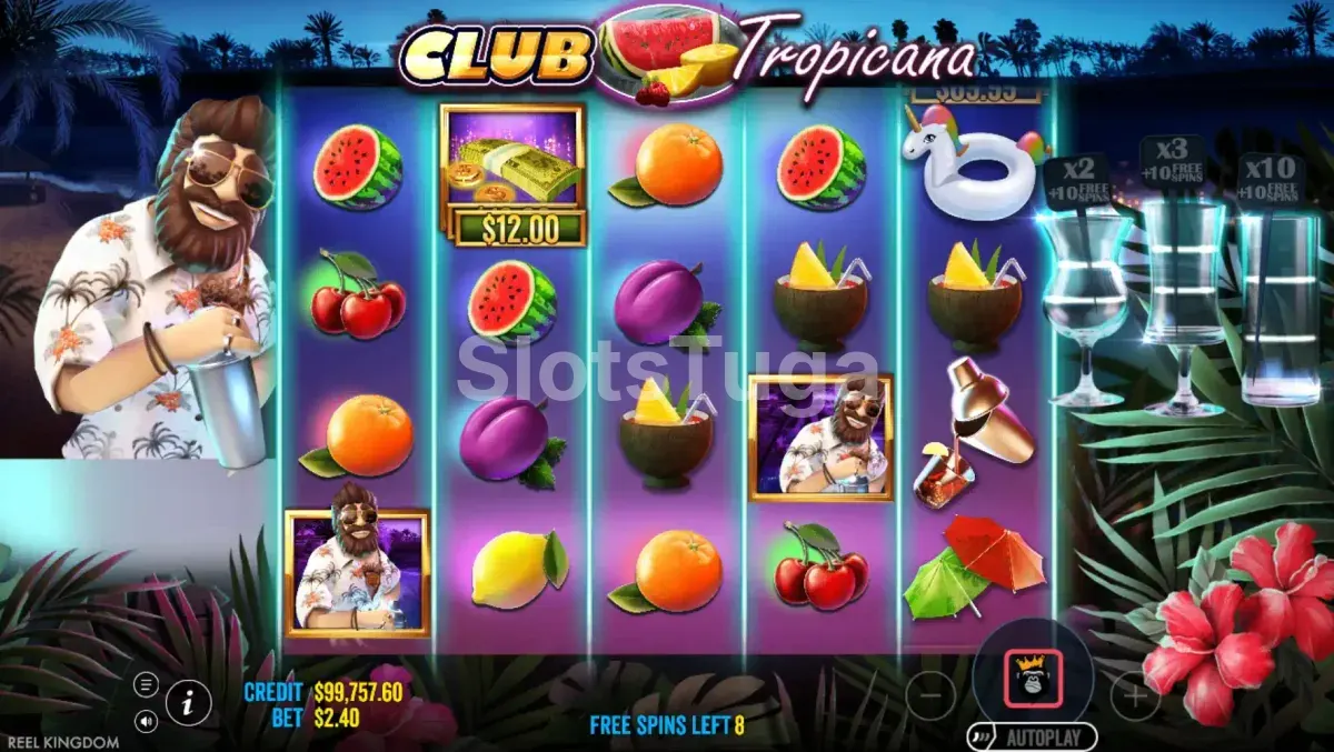 Rodada de giros grátis ativada no Club Tropicana com multiplicadores