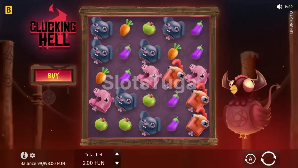 Jogo base da Clucking Hell com grid 5x5 e símbolos infernais