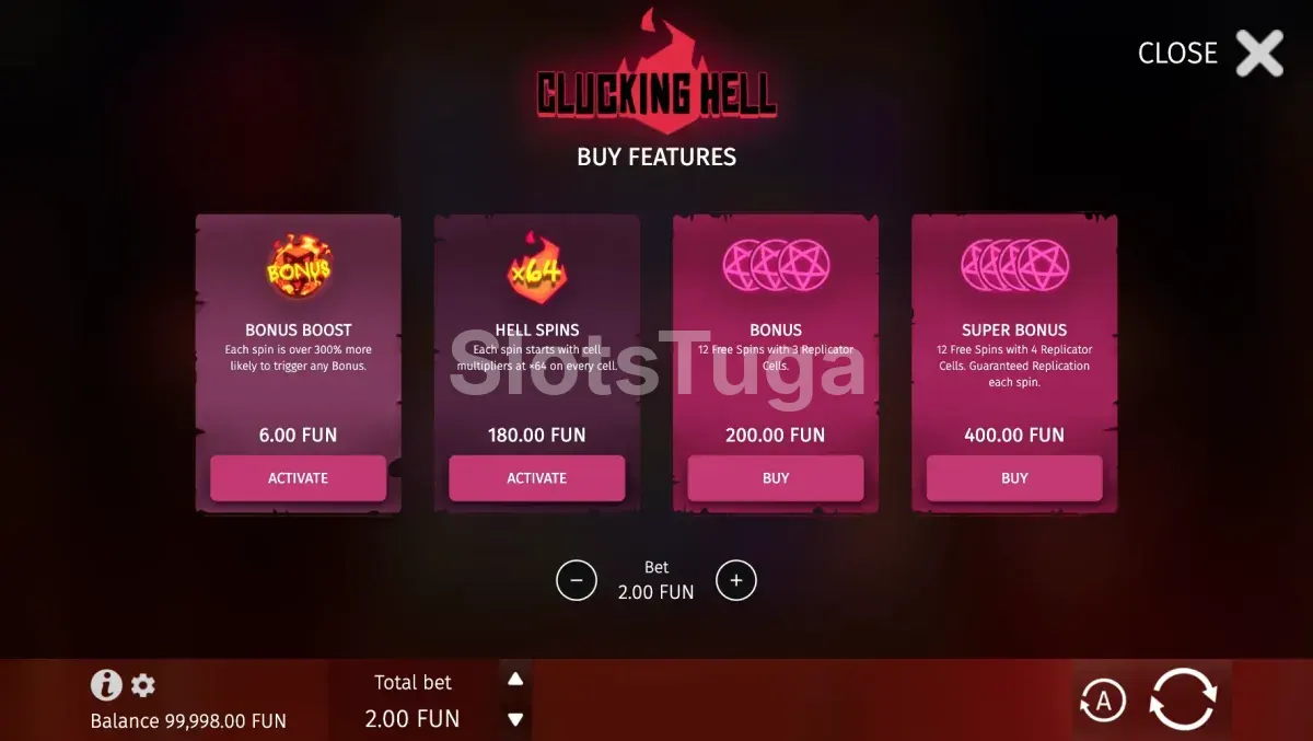 Menu de compra de bônus da Clucking Hell com três opções disponíveis