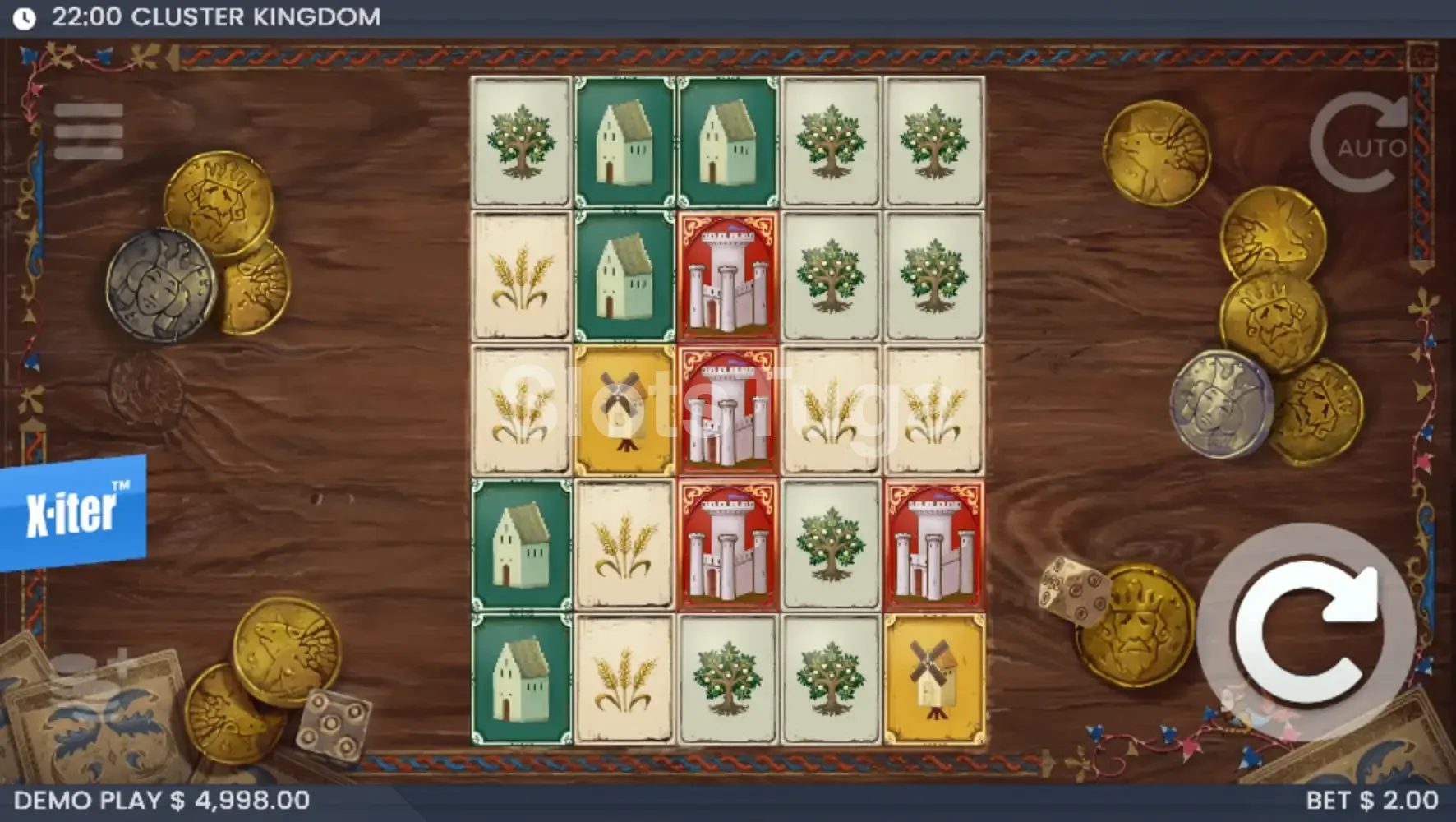 Jogo base do Cluster Kingdom mostrando a grade de símbolos medievais