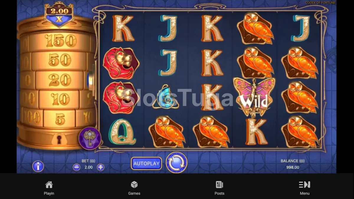 Jogo base do Codex of Fortune com rolos e símbolos premium