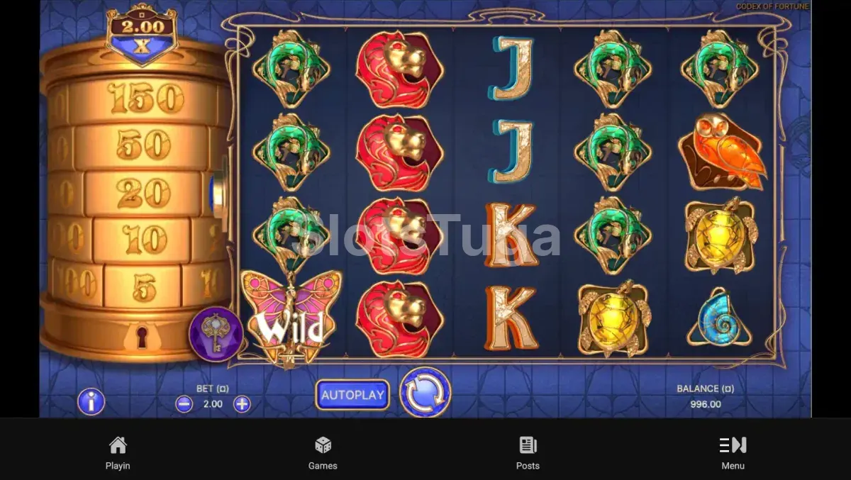 Segunda tela do jogo base do Codex of Fortune mostrando os rolos em ação