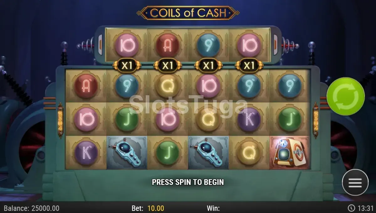 Tela principal do jogo Coils of Cash com os rouleaux em ação