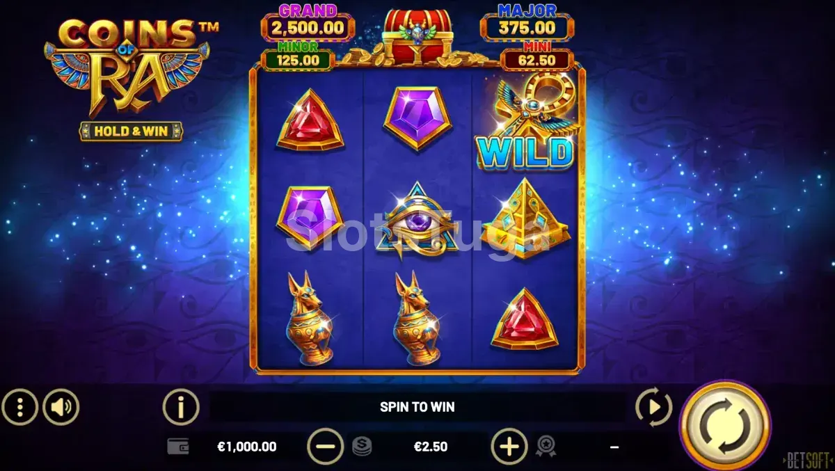 Tela principal da slot Coins of Ra com os três rolos em ação