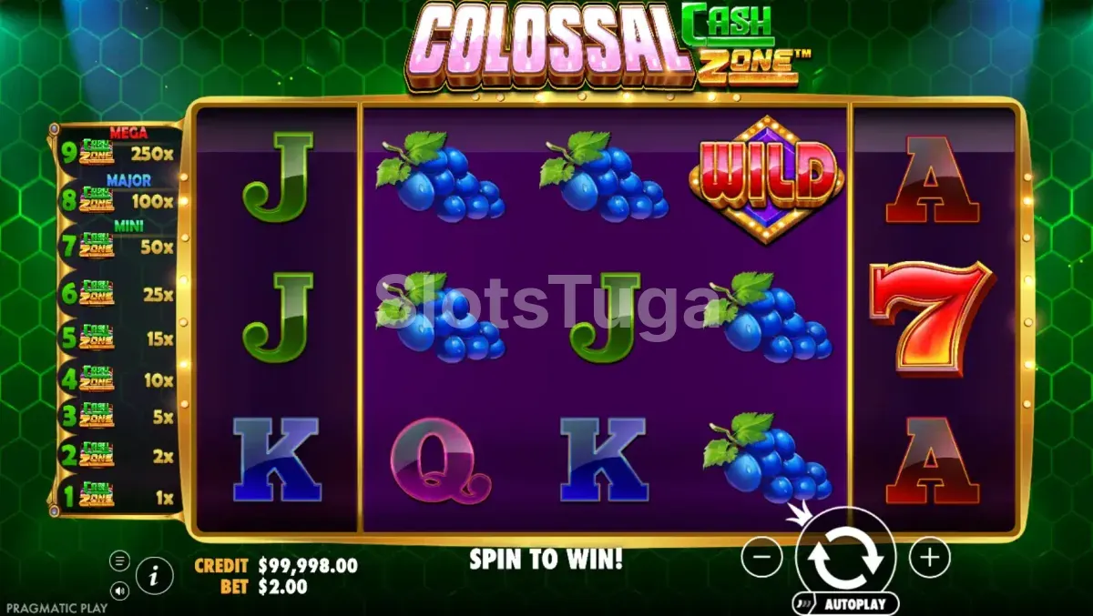 Jogo base da Colossal Cash Zone com símbolos de frutas coloridos