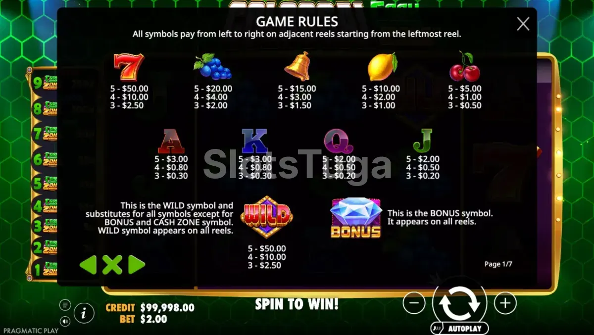 Tabela de pagamentos da Colossal Cash Zone com todos os símbolos