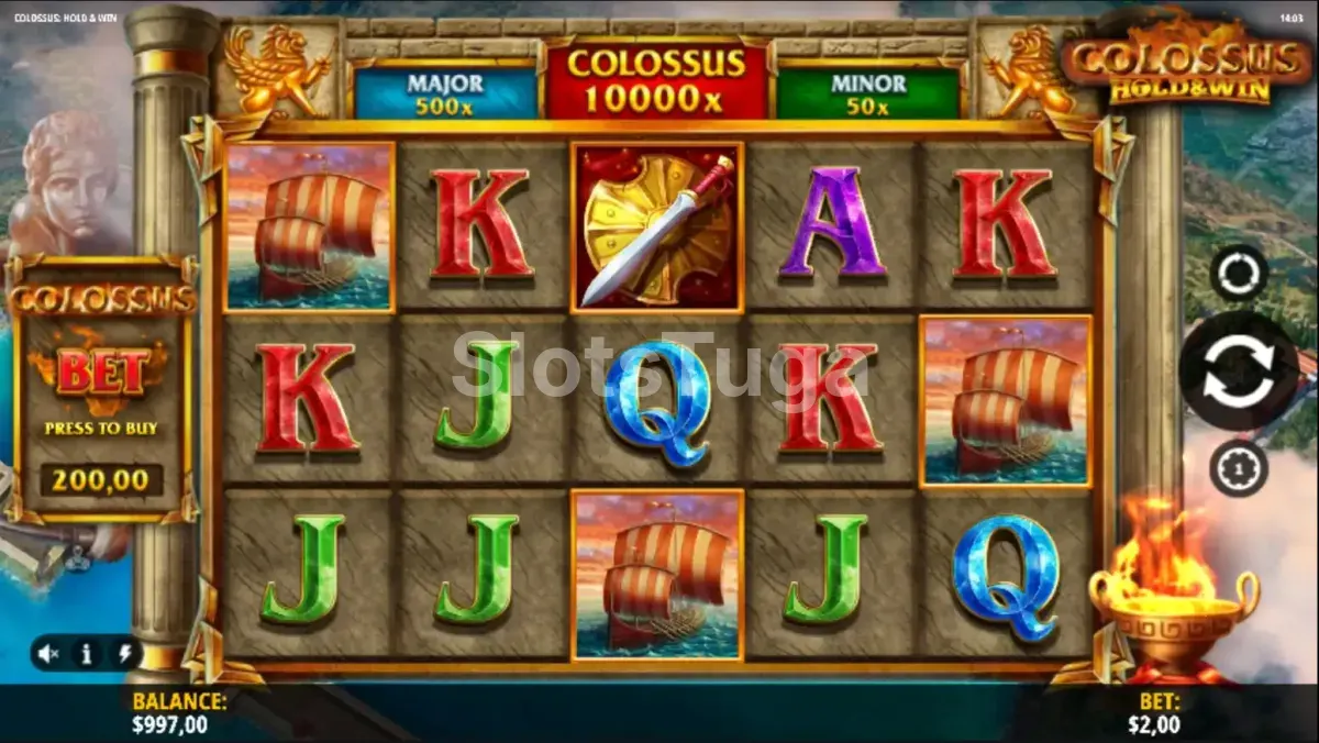 Tela principal do jogo Colossus Hold & Win com rouleaux em ação