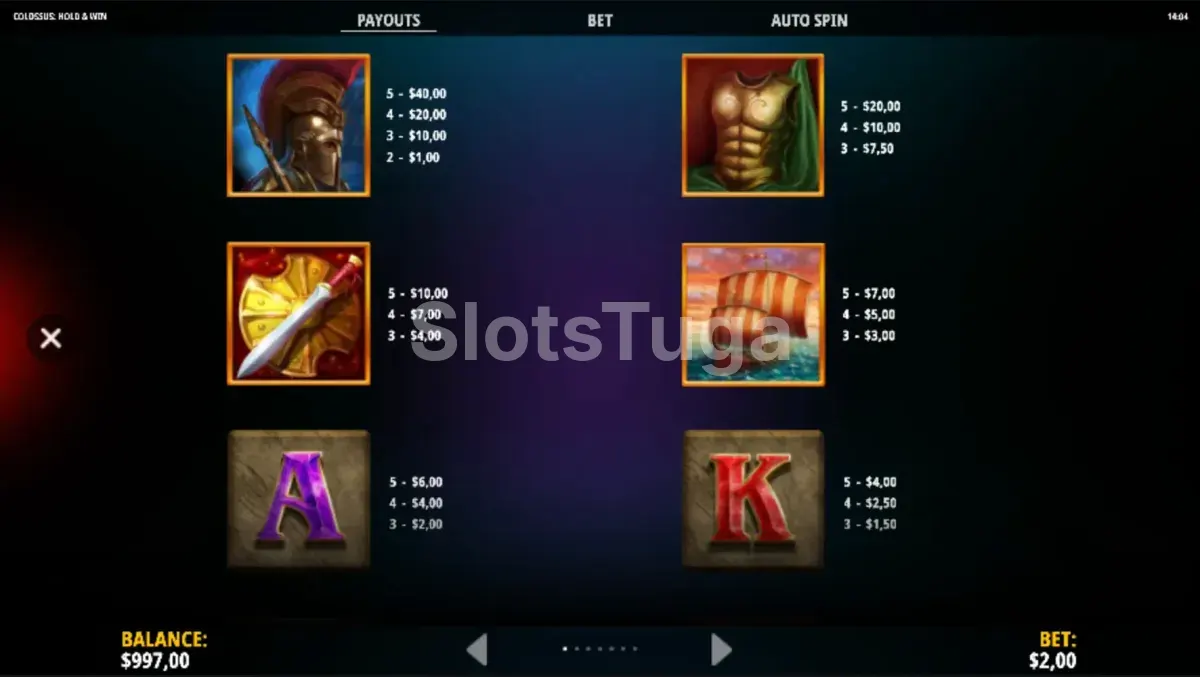 Tabela de pagamentos do Colossus Hold & Win mostrando os símbolos e valores