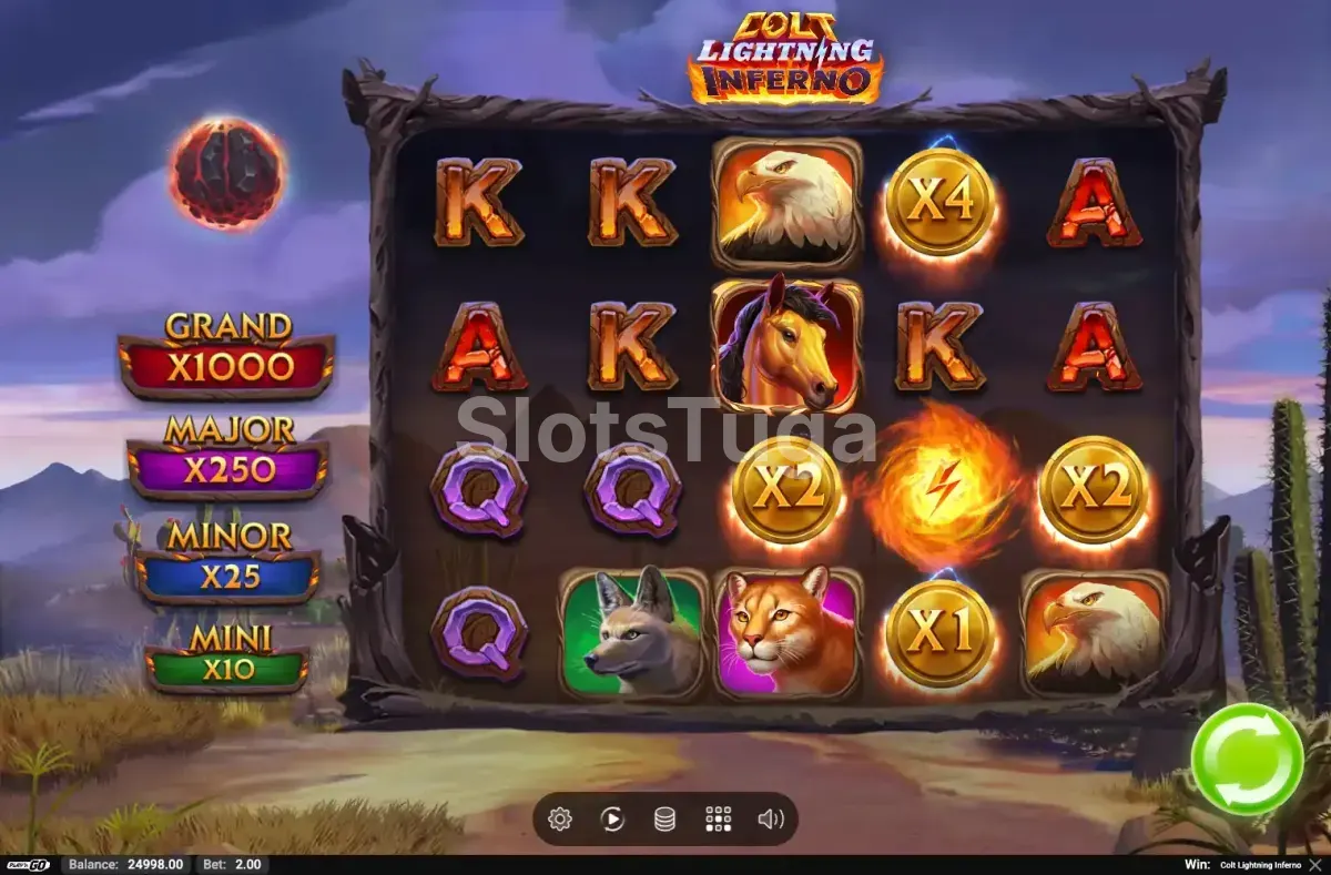 Tela principal do jogo Colt Lightning Inferno com o grid base e o céu tempestuoso