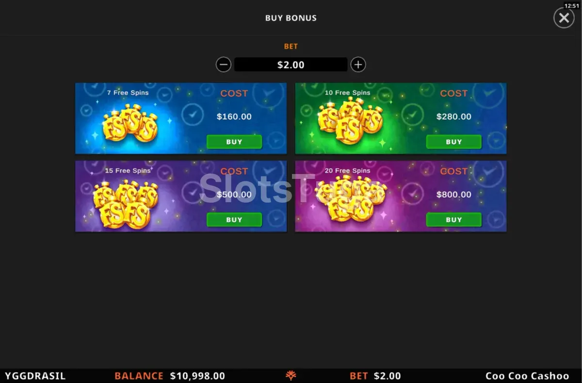 Recurso de Bonus Buy no slot CooCoo Cashoo da Yggdrasil