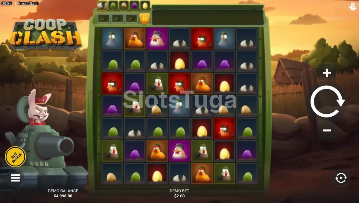 Tela principal do jogo Coop Clash com o galinheiro em chamas