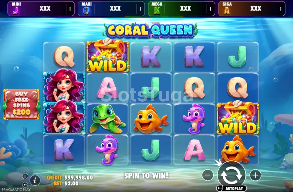 Jogo base de Coral Queen Oranje Jackpot com grelha de 5 rolos e 4 linhas