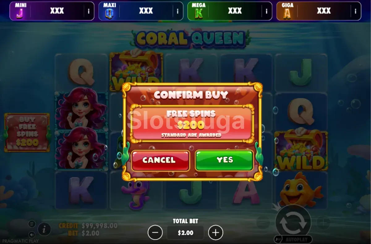 Menu de compra de bónus de Coral Queen Oranje Jackpot