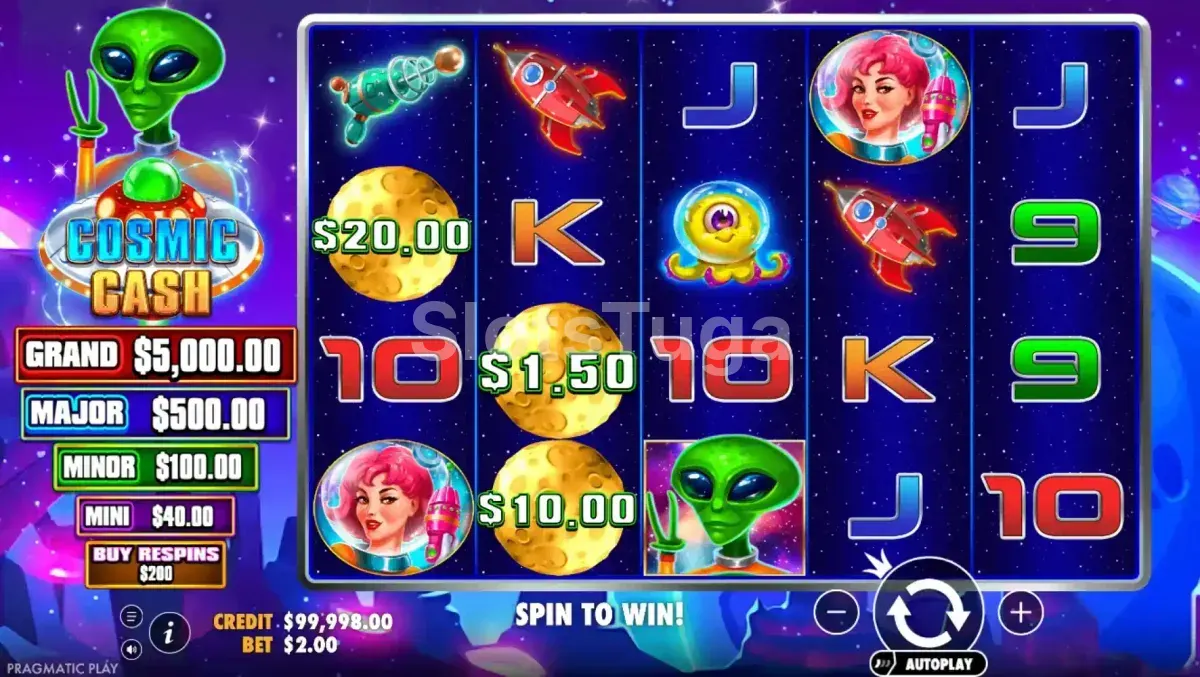 Jogo base do Cosmic Cash com alienígenas e símbolos espaciais