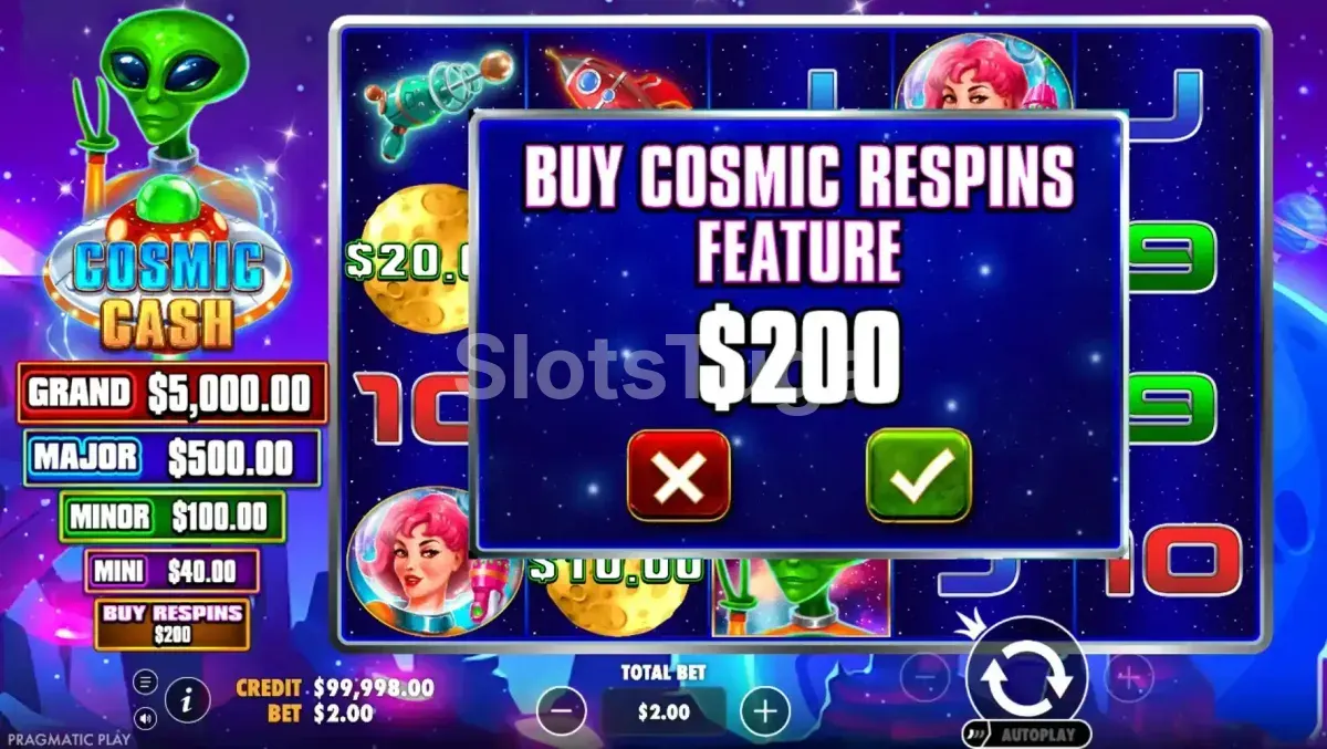 Tela de compra de bônus do Cosmic Cash