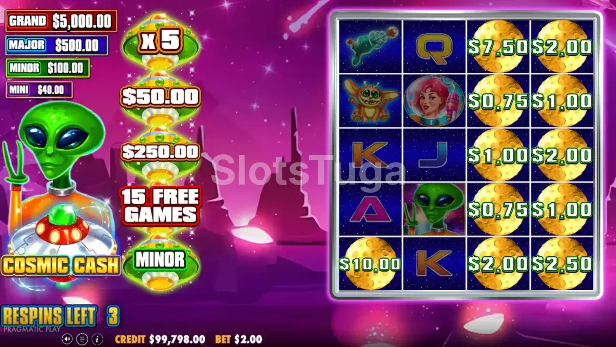 Rodada de giros grátis do Cosmic Cash com wilds empilhados
