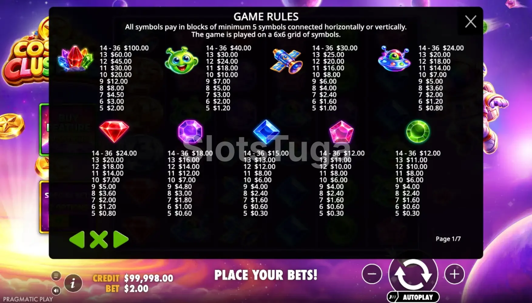 Tabela de pagamentos da slot Cosmic Clusters da Pragmatic Play