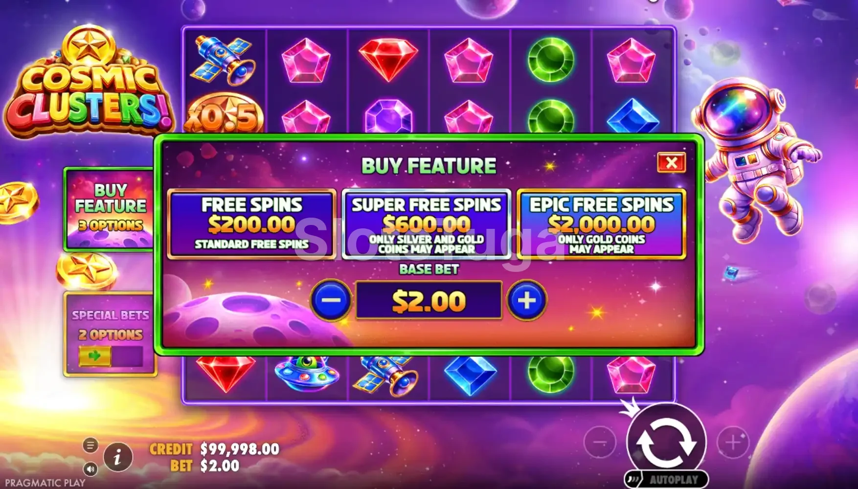 Menu de compra de bônus da Cosmic Clusters com opções de Feature Buy