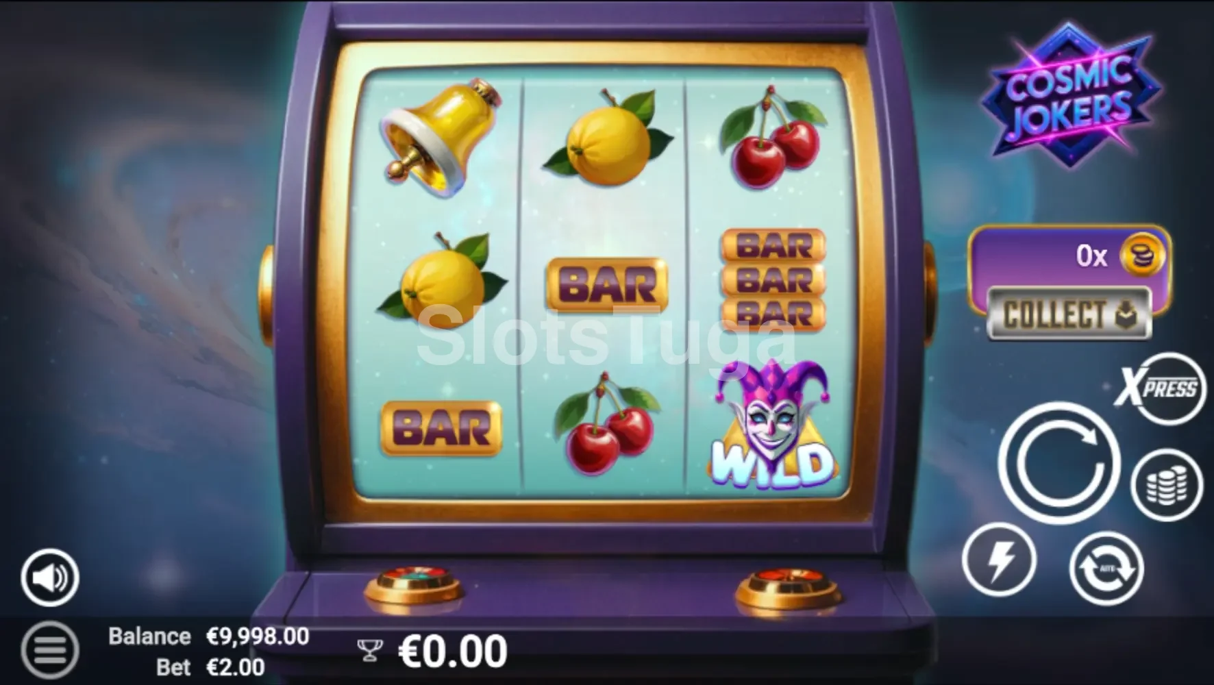 Jogo base da Cosmic Jokers com rolos clássicos e temática espacial