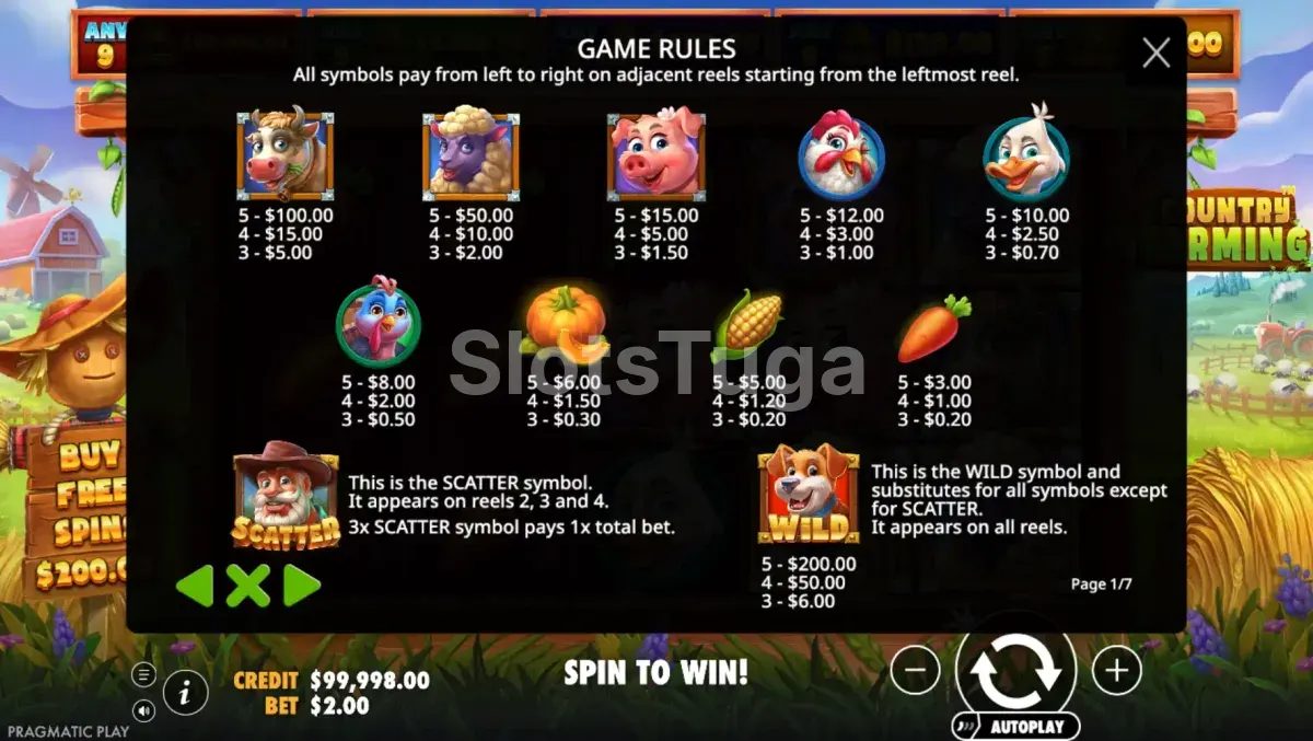 Tabela de pagamentos da slot Country Farming da Pragmatic Play