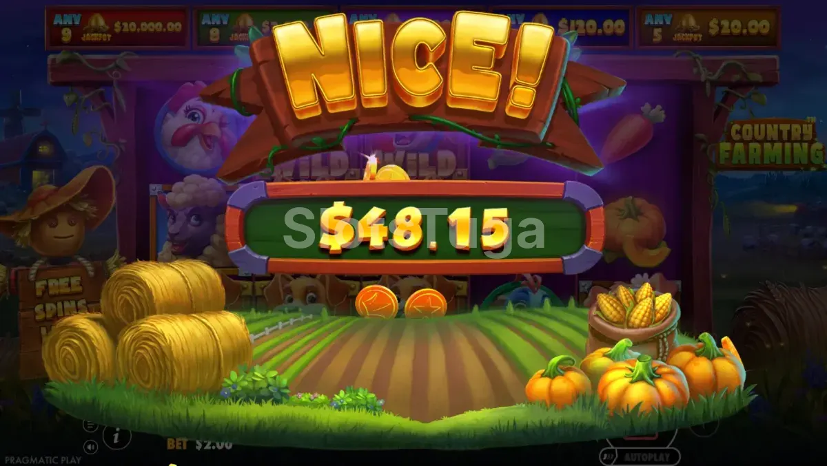 Grande vitória no slot Country Farming mostrando prêmio alto