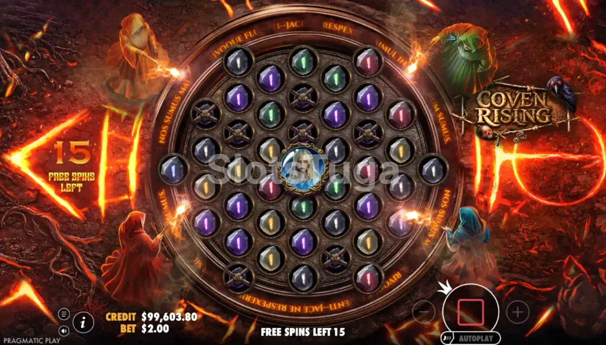 Ecrã de free spins com sigilos luminosos em Coven Rising