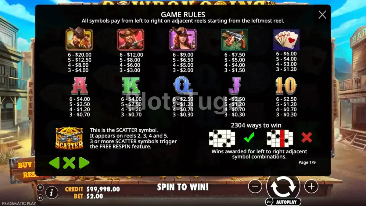 Tabela de pagamentos da slot Cowboy Coins