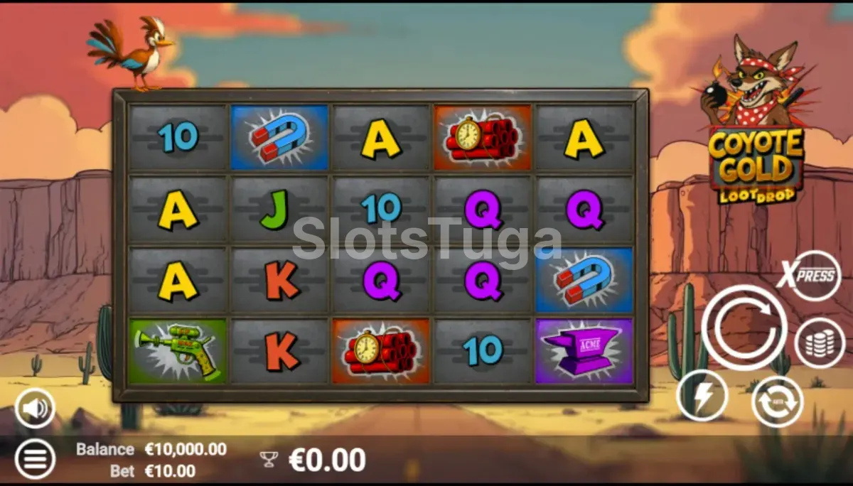 Tela principal do slot Coyote Gold com os rouleaux no deserto