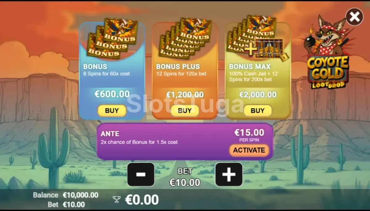 Tela de compra de bônus do Coyote Gold com as opções disponíveis