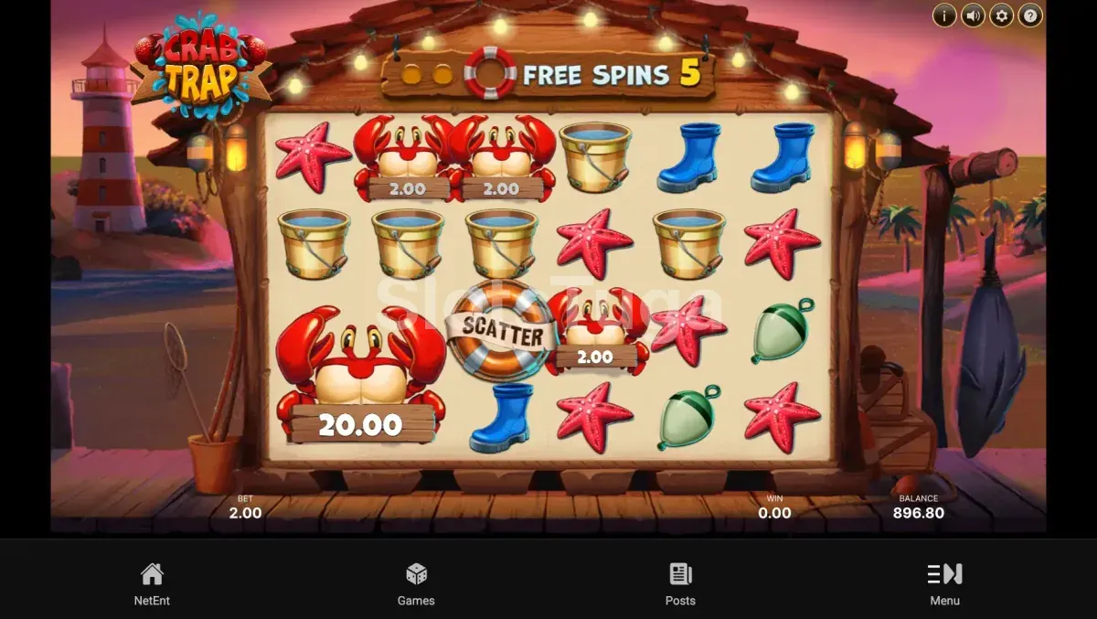 Rodadas grátis ativadas na slot Crab Trap