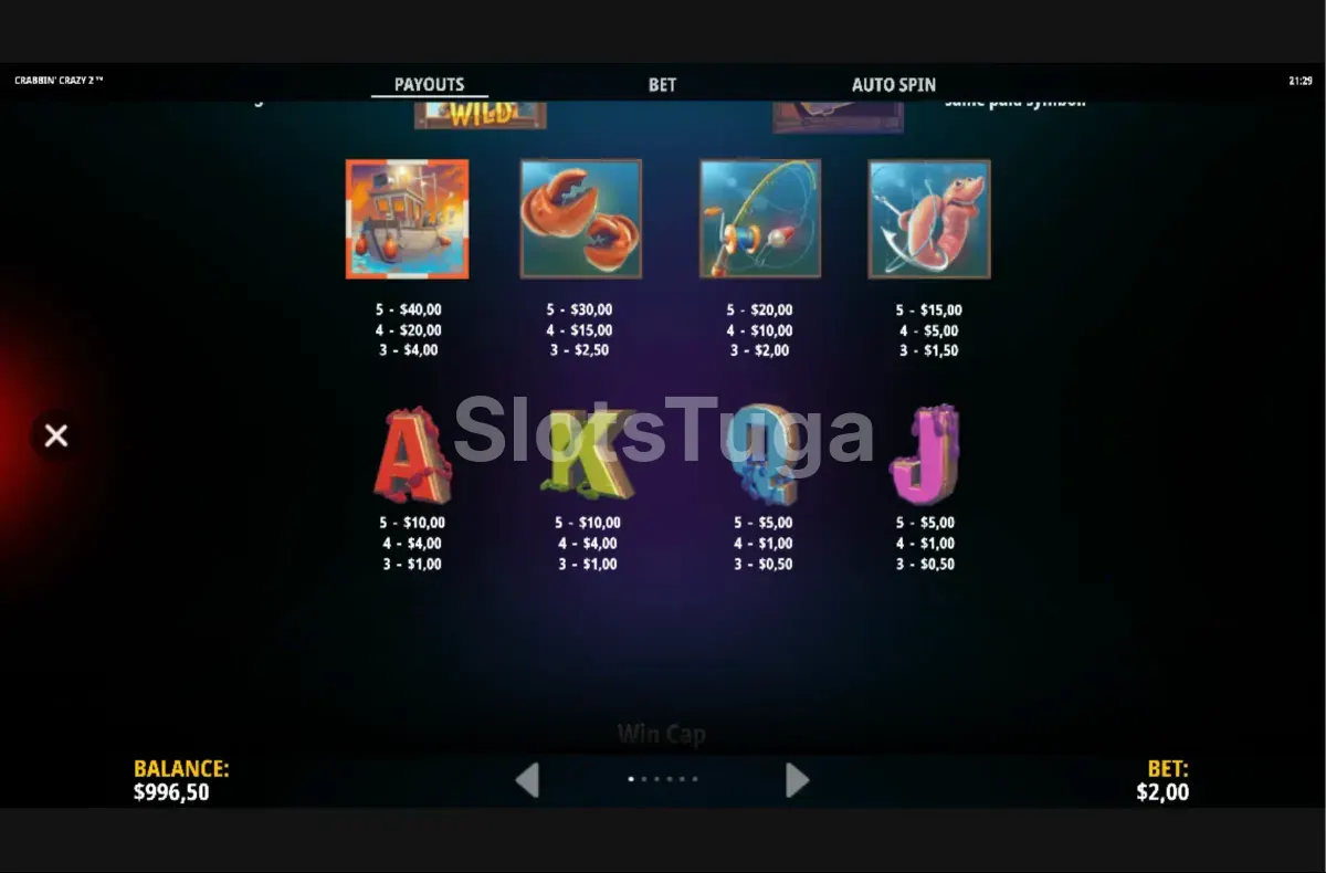 Tabela de pagamentos do slot Crabbin' Crazy 2 Crabbin' Bonanza! mostrando os valores dos símbolos