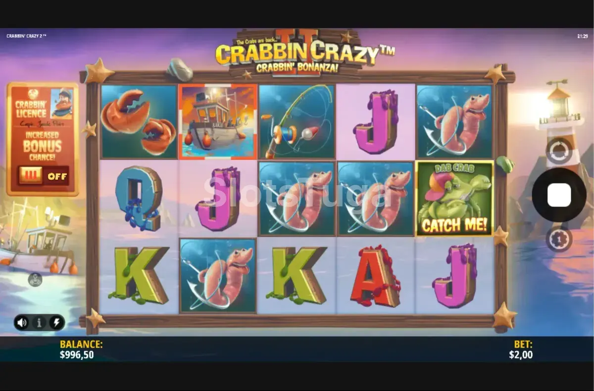 Tela principal do slot Crabbin' Crazy 2 Crabbin' Bonanza! com os símbolos coloridos nos rouleaux