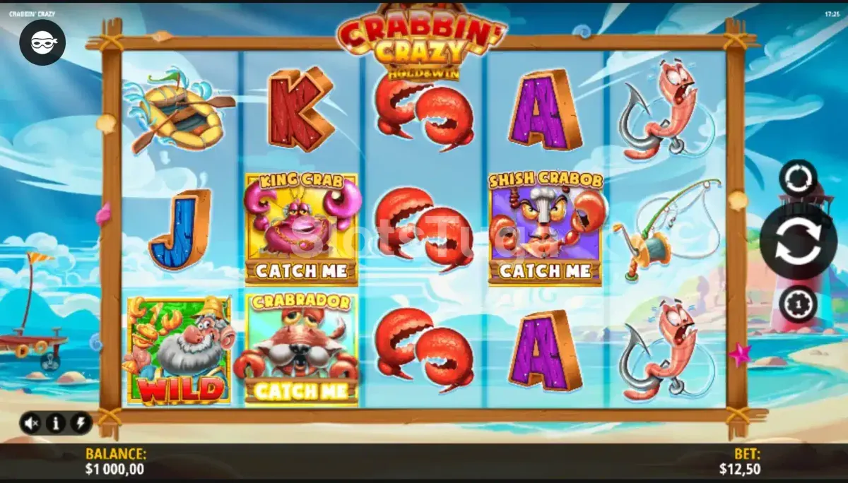Jogo base da slot Crabbin' Crazy com tema de praia e caranguejos