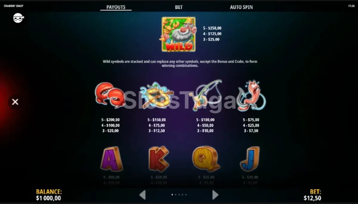 Tabela de pagamentos da slot Crabbin' Crazy mostrando valores dos símbolos
