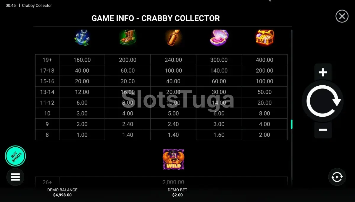 Tabela de pagamentos do Crabby Collector com símbolos e valores