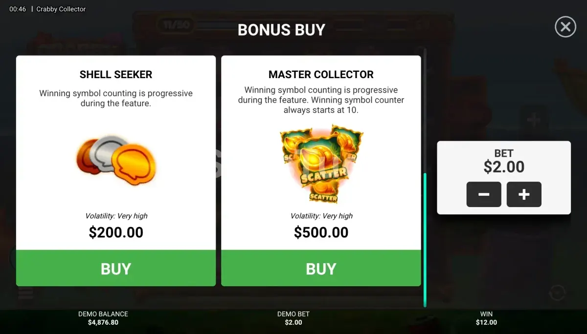 Menu de compra de bônus do Crabby Collector com todas as opções disponíveis