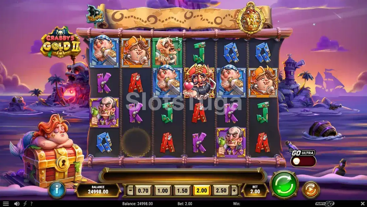 O jogo base de Crabby’s Gold 2 em cenário de jangada pirata, com o pergaminho de recolha por cima da grelha e a barra de apostas de 0,70 a 2,50.