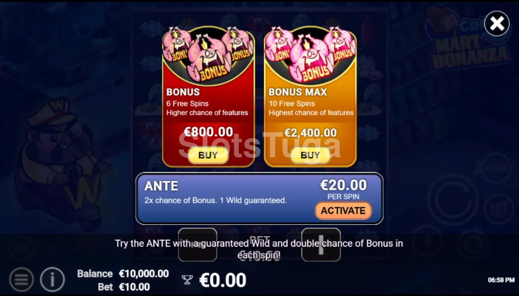 Tela de Bonus Buy da Crazy Mart Bonanza com opções de compra de rodadas grátis