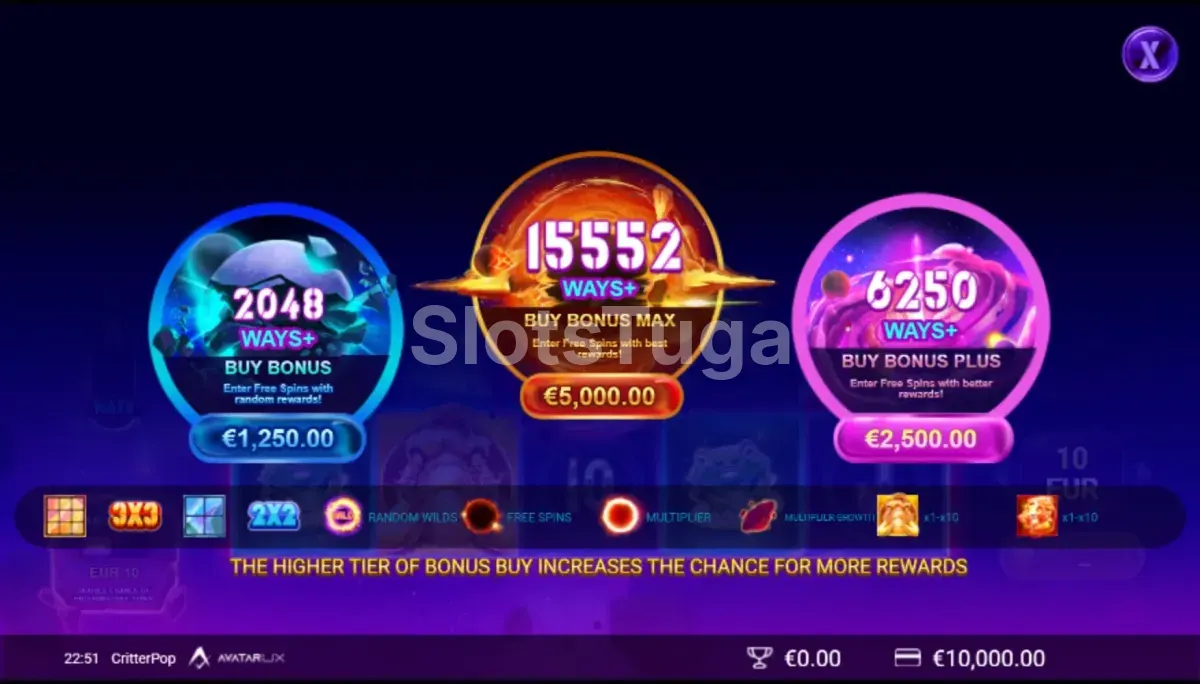 Tela de Bonus Buy do CritterPop com opções de compra de bônus