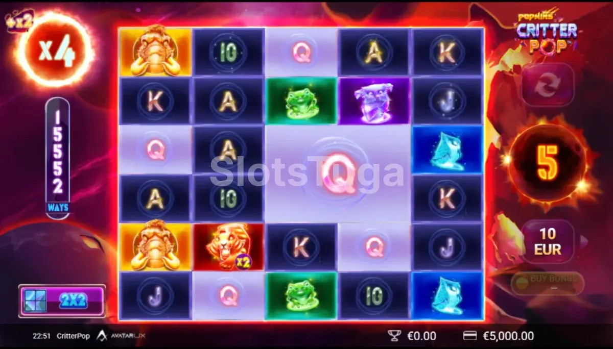 Rodada de free spins do CritterPop com rouleaux expandidos e multiplicadores